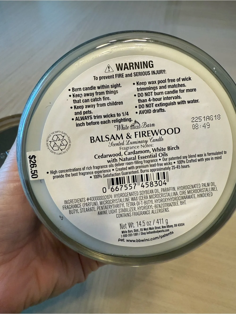White Barn Balsam & Firewood 3 Wick Scented Candle - Christmas Tree Cedar Wood - Picture 5 of 5